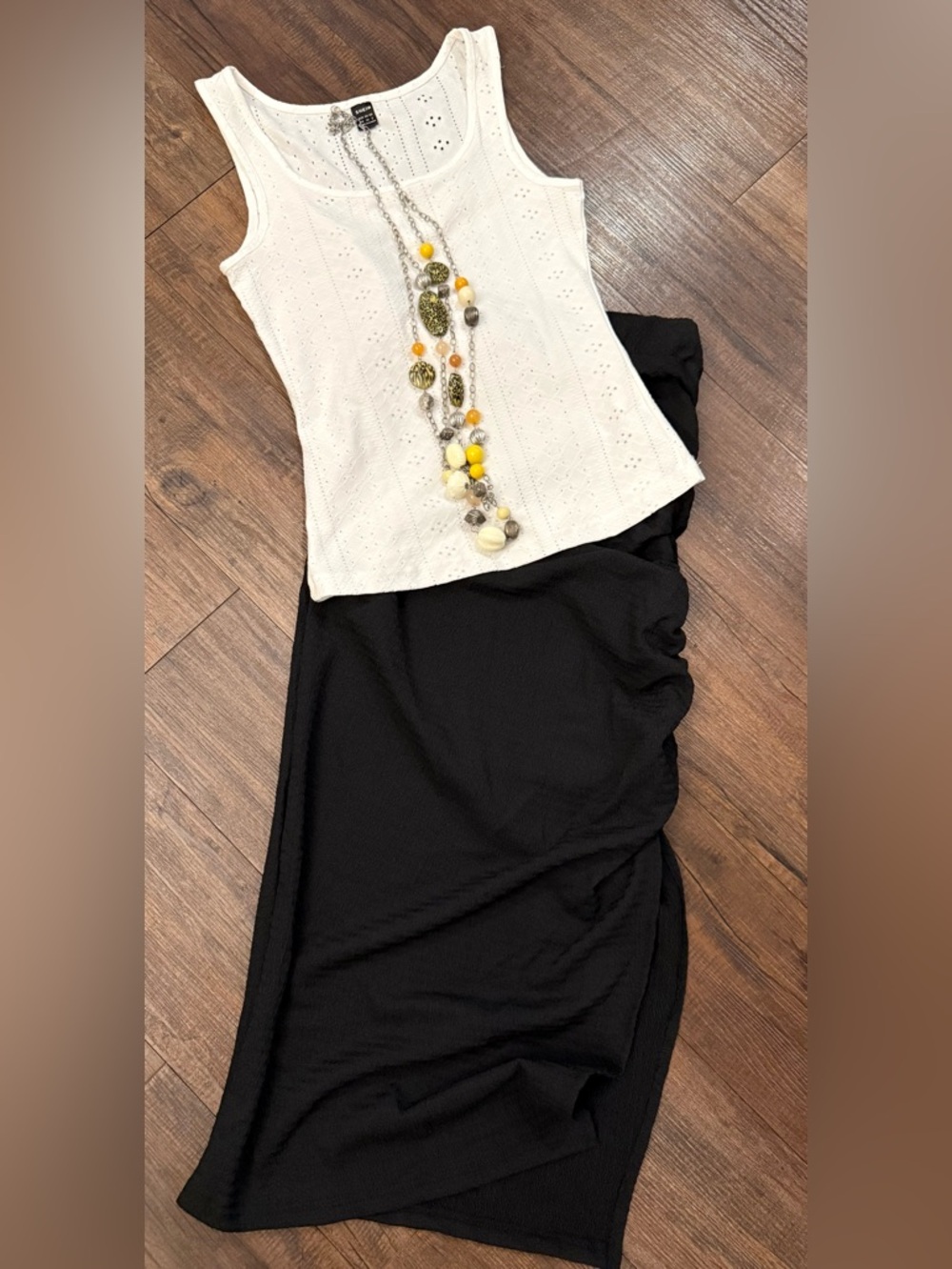 SHEIN White Eyelet Scoop Neck Tank with black side scrunch fitted skirt. X small